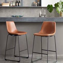 Set Of 2 Whisky Brown Faux Leather Bar Stools