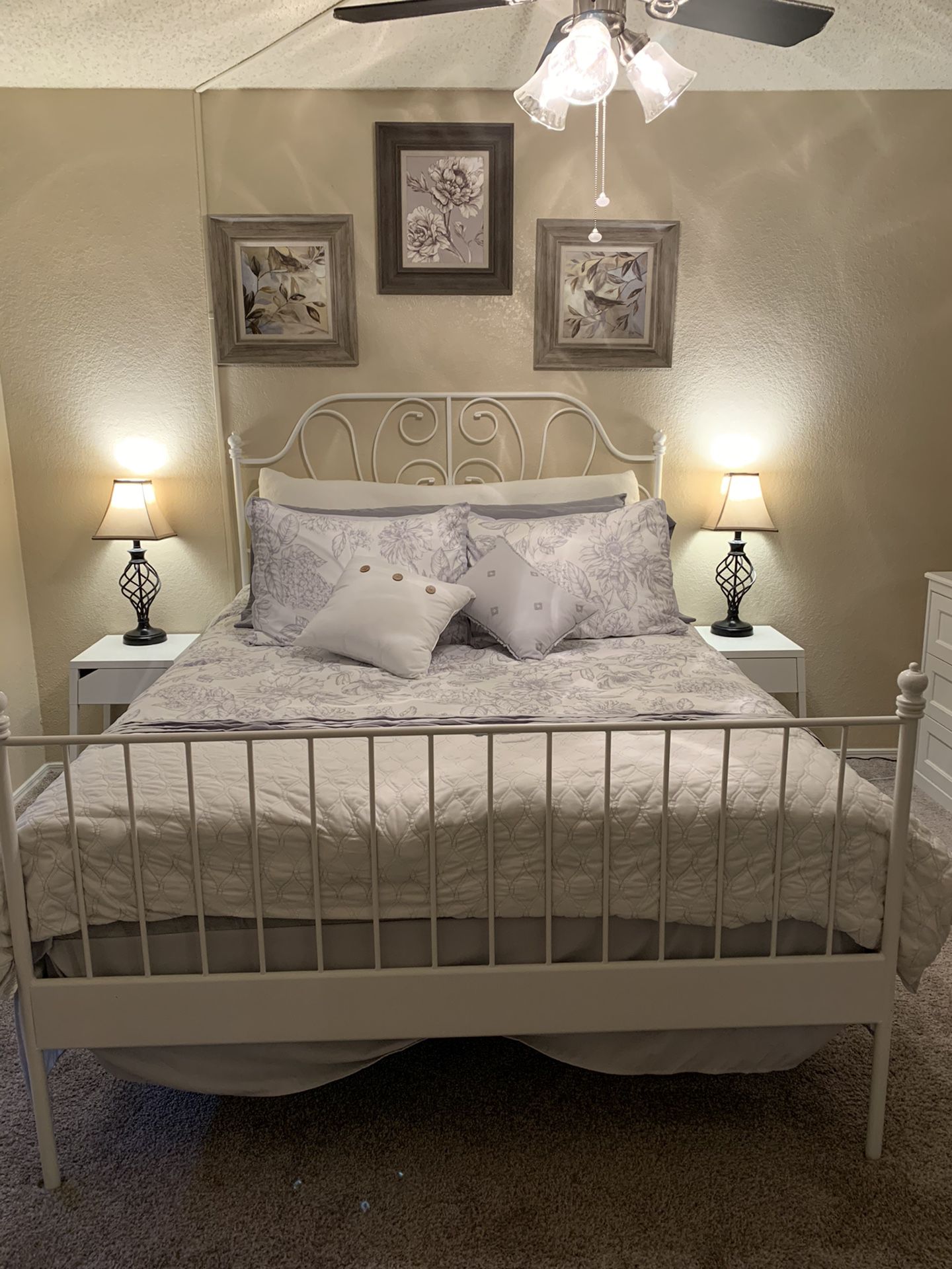 Bed frame (queen), side tables, lamps, wall decor