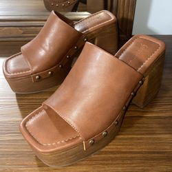 The Drop Millie Cognac Platform Mule Heels US6 Square Toe Block Heel - Brand New