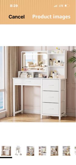 Kitsure Vanity Desk with Mirror and Lights, 17.7" D x 35.4" W x 52.4" H Bedroom, Teens & Women, Easy Assembly, 3 Light Modes, 4 Fabric Drawers, 6 Open