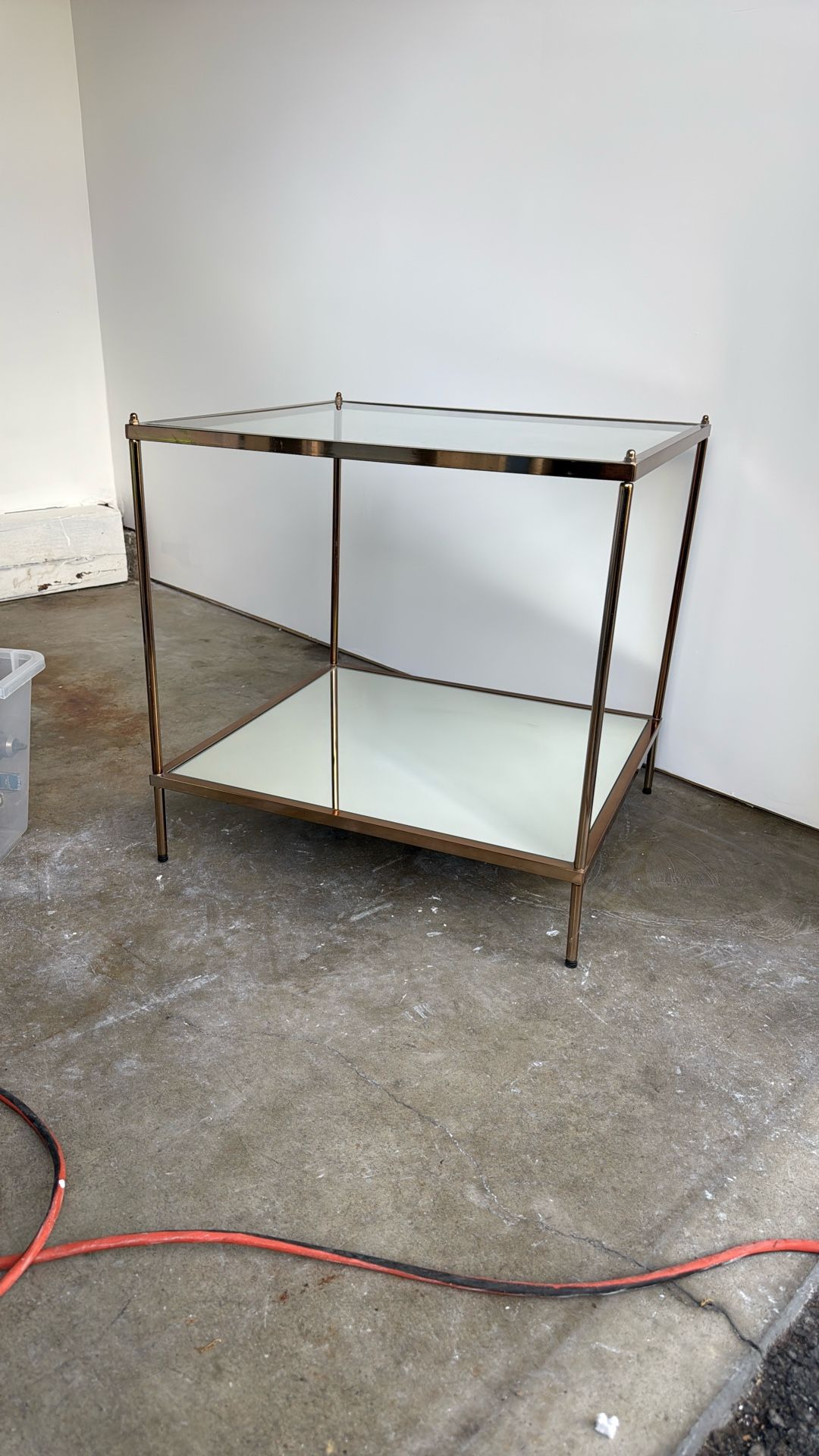 Rose Gold End Table With Glass Top and Mirrored Bottom