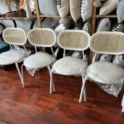 Set Of 4 Cane Rattan Wood Metal Dining Chairs 