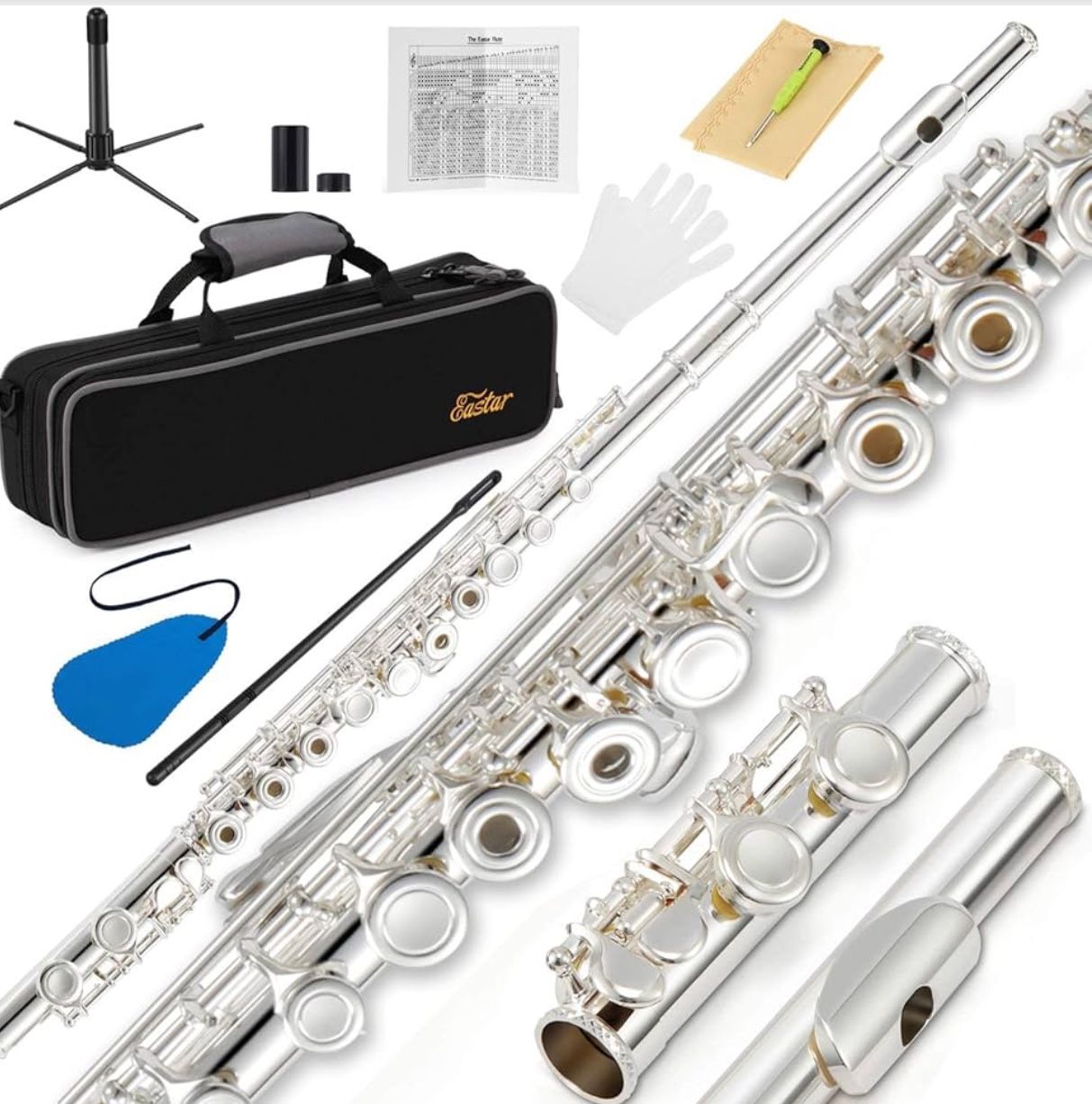Eastar C Flute - 16 Key Silver Plated Beginner Flute with Cleaning Kit, Stand, Case, Gloves, Tuning Rod, Fingering Chart