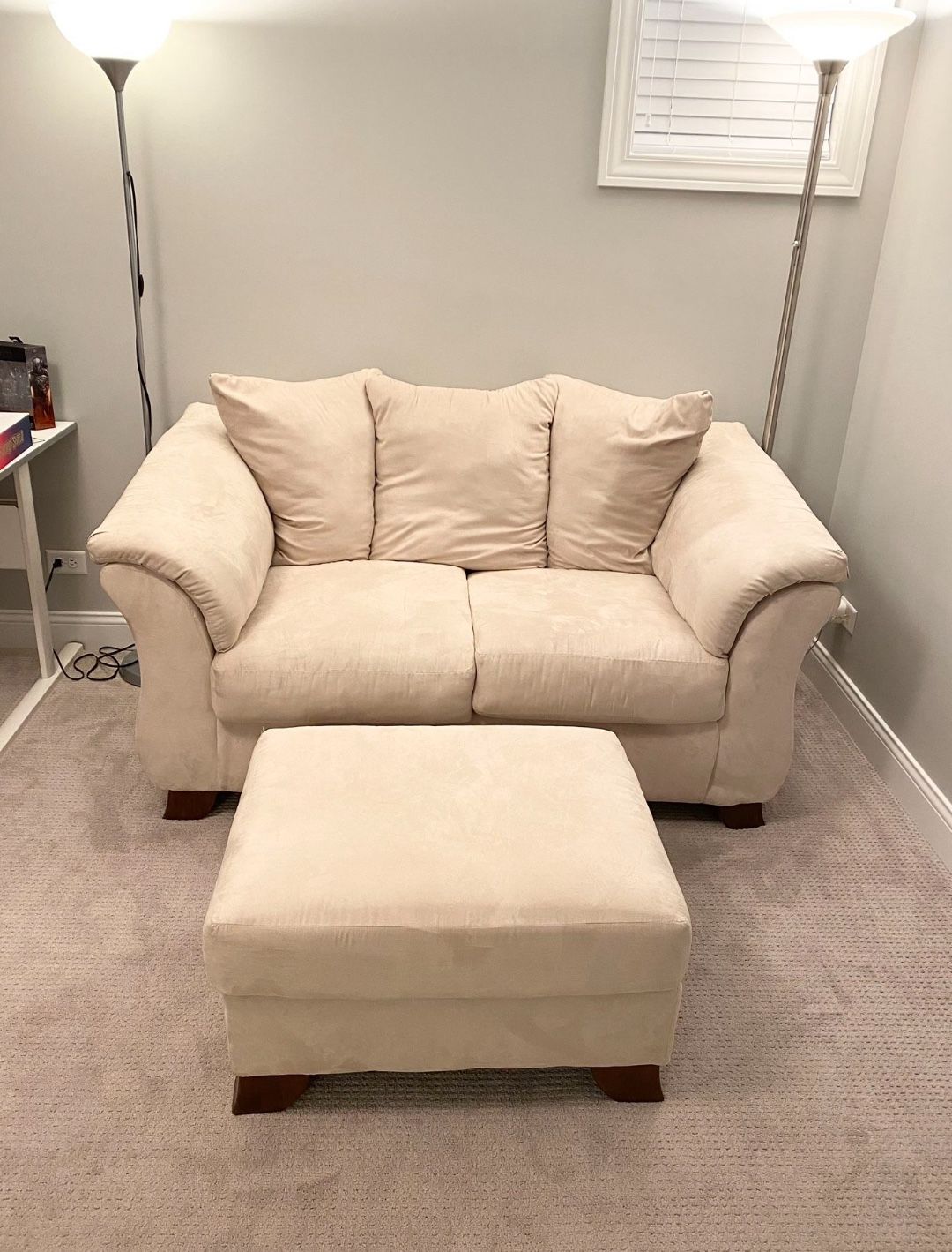 Beige Microsuede Loveseat / Couch with Ottoman