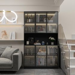 New Display Cabinet with Hutch, Glass Doors and Lights, Wooden Storage Cabinet with 5-Tier Shelves, Can be Used as Bookcases, Kitchen Pantry Cabinets,