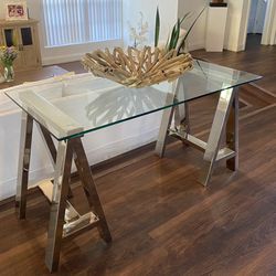 Glass Top Silver Modern Table / Desk 