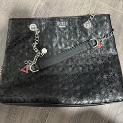 Guess Black Monogram Tote Bag with Silver Chain Straps