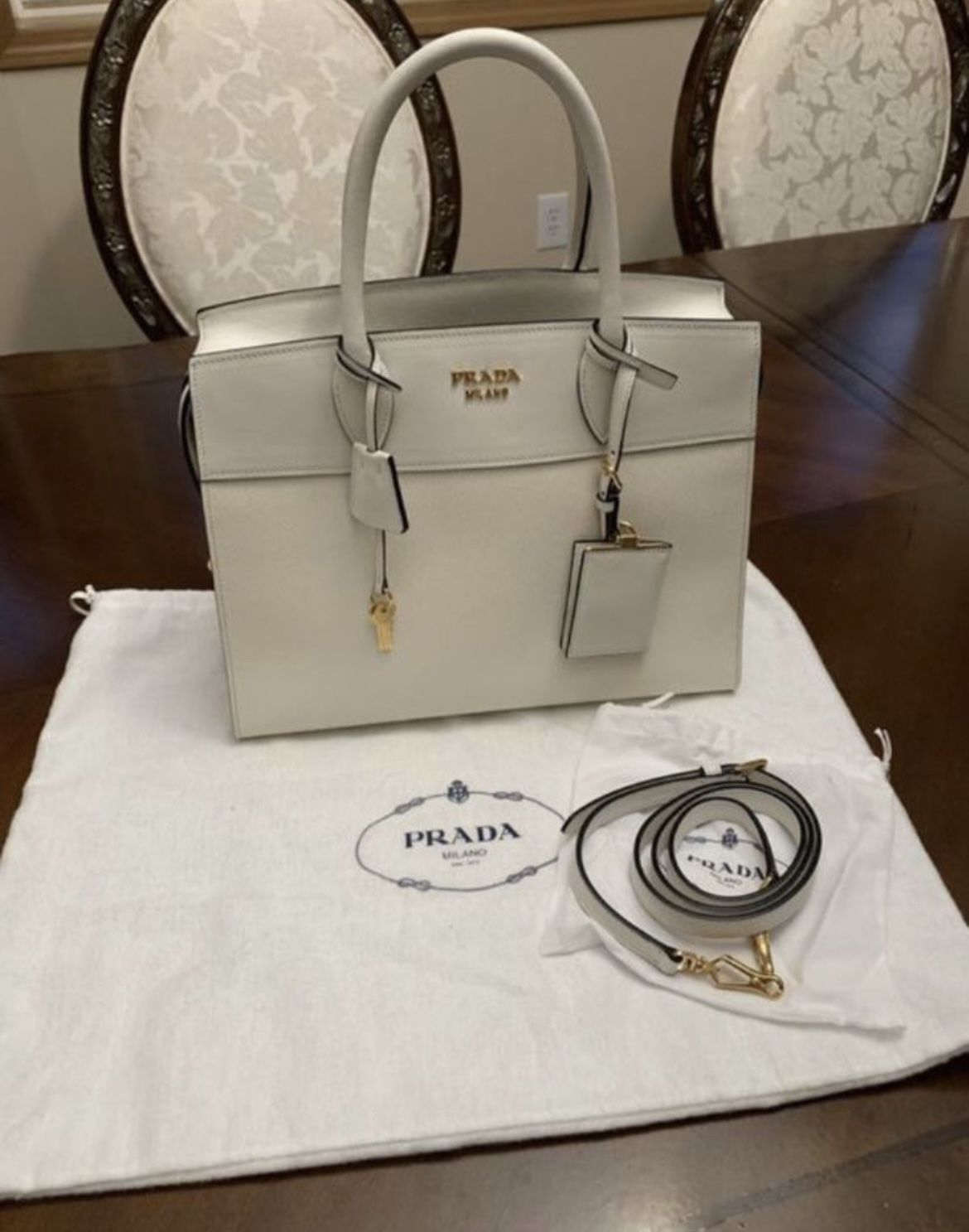 Prada White Saffiano Calf Leather Tote Purse