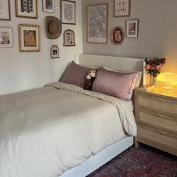 White full size storage bed and medium firm memory foam mattress