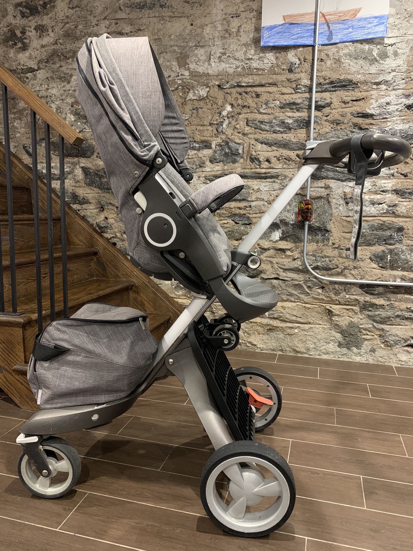 Stokke Xplory Grey Stroller with Sibling Board, Winter Kit, Manuals, Rain Cover