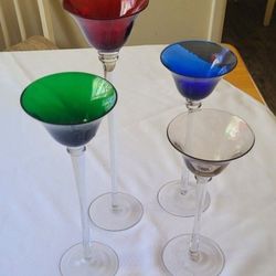 Long stemmed color glass tealight votive candle holder jewel toned  ( such as red, green, blue, and amber and Long clear stem  )