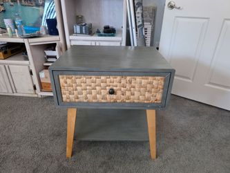 Gray Nightstand with Woven Rattan Drawer
