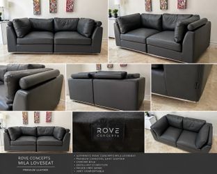 Authentic Rove Concepts Mila Leather Loveseat – Charcoal Gray – Excellent Condition