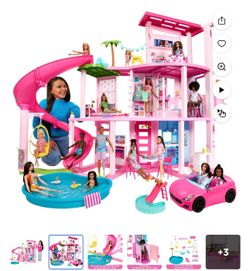 Barbie Casa de Muñecas y Set de Juego Dreamhouse Pool Party con Más de 75 Piezas, 45 Pulgadas, Tobogán y Elevador para Cachorros