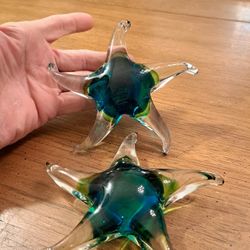 Lot Of 2 Solid Glass Starfish Swirl Green & Blue Paperweight/Decoration 2 For $20 Or $15 Each