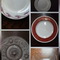 Assorted Decorative Plates and Clear Glass Serving Dish