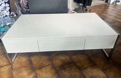 Modern White Coffee Table with Chrome Frame & Storage