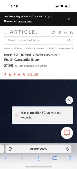 Lovely Blue Couch By Article - Velvet