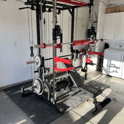 FREE DELIVERY 💥NEW !! SMITH MACHINE 💥WEIGHTS INCLUDED✅ BENCH✅7ft BARBELL✅245lbs Cast Iron Weight Set ✅💥