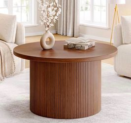 31.5" Round Coffee Table, Tambour Design Coffee Tables for Living Room, Mid Century Modern Wood Coffee Table, Drum Accent Small Center Table, Walnut