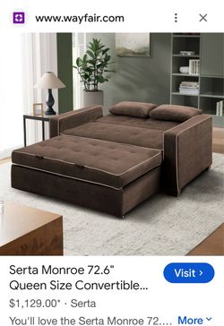 Serta Monroe 72.6" Queen Size Convertible Sleeper Sofa with Pop-Up Bed, Tufted Back