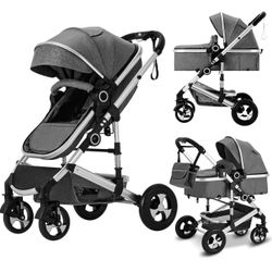 2 in 1 Convertible Baby Stroller, Folding High Landscape Infant Carriage, Newborn Reversible Bassinet Pram, Adjustable Canopy, Diaper Bag, Anti-Shock 