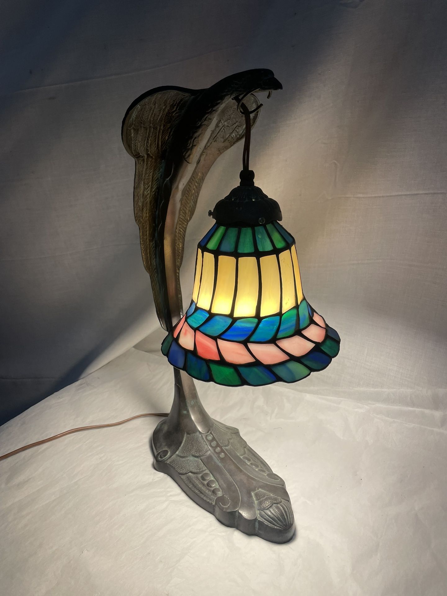 Rare!! Bronze, Tiffany Style Eagle Motif Table Lamp 16”