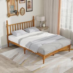 Queen Wood Bed Frame with Headboard, Solid Rubber Wood Central Supports, 1000Lb Capacity, Rustic Oak/White 
