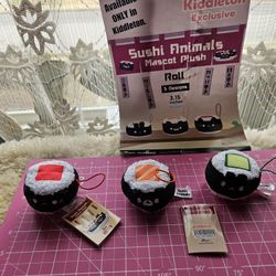 Complete 3pc Set Of SUSHI ANIMALS MASCOT PLUSH Bag Charm Keychain + FREEBIE 