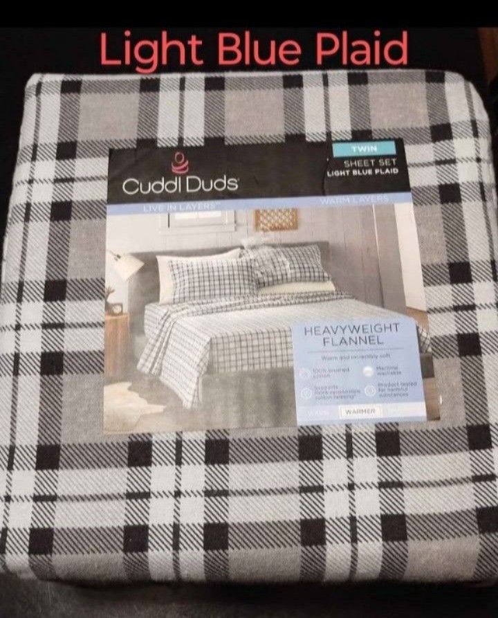 New Light Blue Plaid Twin Size Flannel Sheet Set