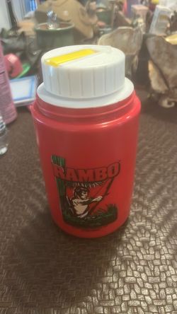 1985 Rambo Movie Plastic Lunchbox Red Thermos Cup Vintage Stallone