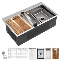 Fulorni 33"x19" Drop In Kitchen Sink Dual-Tier Workstation 16 Gauge 304 Stainless Steel Top Mount Ov