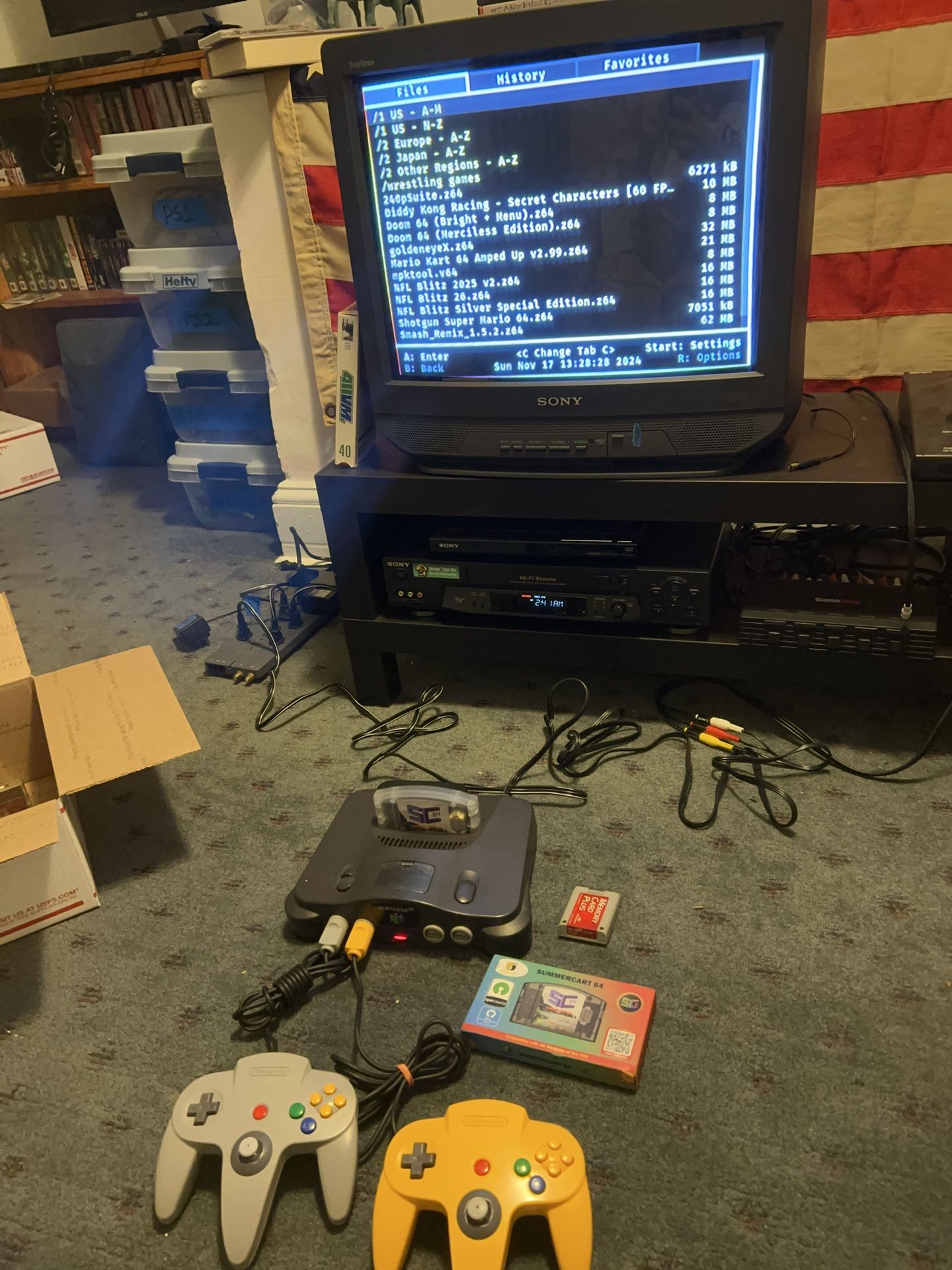 Nintendo 64 N64 With 2 OEM Controllers wires controller pak Summer Cart 64 (rom/flash) cart