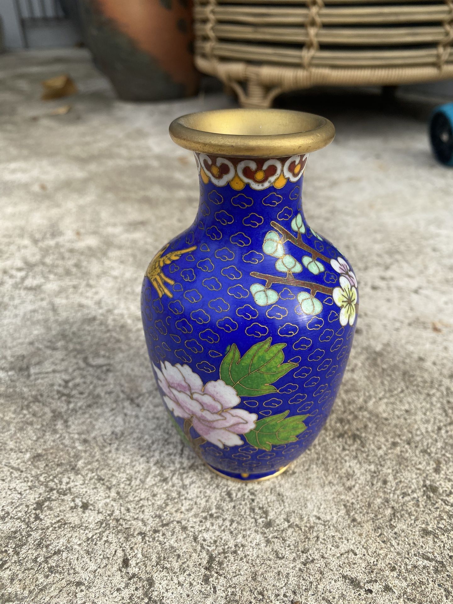 Small Brass Cloisonné Floral Vase 5” Tall