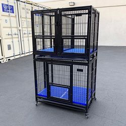 (NEW) $310 Stacking Dog Crate 37”x25”x64” Heavy-Duty Cage Folding Kennel w/ Plastic Tray (Set of 2)