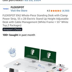 FLEXISPOT EN2 Whole-Piece Standing Desk with Clamp Power Strip, 55 x 28 Electric Stand Up Height Adjustable Desk with Cable Management (White Frame + 