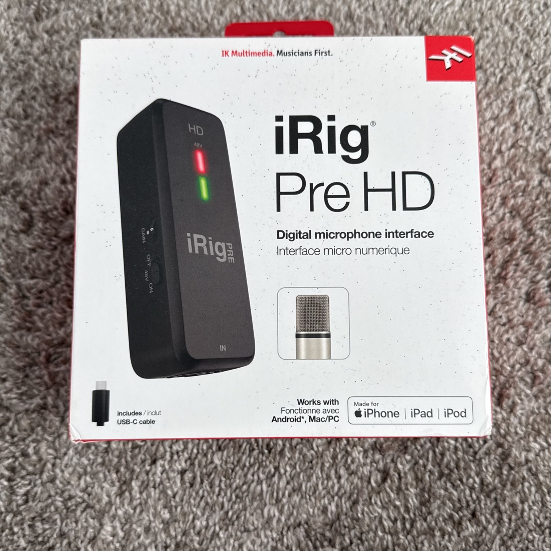 IK Multimedia iRig Pre HD Class-A XLR mic preamp and audio interface with +48V phantom power, 24-bit