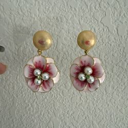 Women’s pink and gold enamel floral with pearl Earrings
