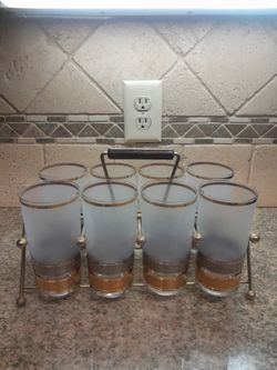 Mid Century Culver Barware Tumbler Glass Set With Carrier