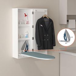 Wall Mount Ironing Board Cabinet, Built in Swivel Ironing Board Folding with Storage & Mirrored Door