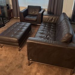3 Piece Leather Couch, Chair Sofa, Ottoman Brown Modern Great Condition! Sold As A Set! See Description 