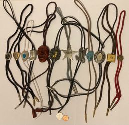 Vintage Lot of 12 Metal Bolo Ties, Nice Designs, Arrowhead, Cowboy Boots, Sheriff, Turquoise, More, Quality, Heavy Duty, Made in USA, Country & Wester
