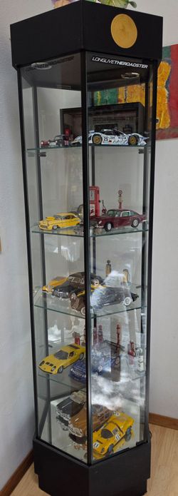 Tall black gold medallion glass display cabinet