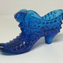 Vintage older, pre-logo Fenton glass shoe or slipper, cat head, hobnail, Dark blue, 1950's