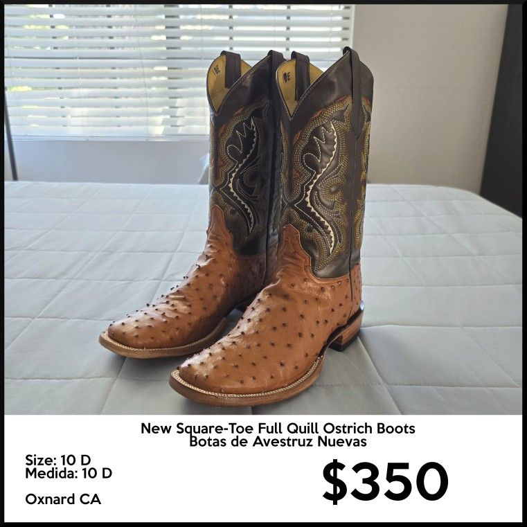 Square Toe Full Quill Ostrich Boots Size 10 Botas de Avestruz