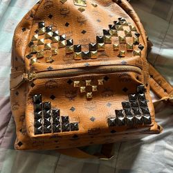 MCM Backpack in Visetos with Studs, Cognac