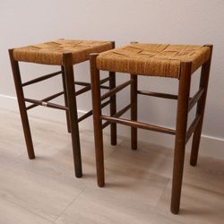Vintage Wooden Bar Stools w/Woven Rope Top [Pair]