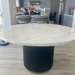 Marble Dining Table With Dark Wood Reeded Pedestal Base