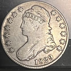 1829 Capped Bust Half Dollar 50c • Lettered Edge • 89% Fine Silver Type Coin • T.M. Counterstamp on Shield of Reverse