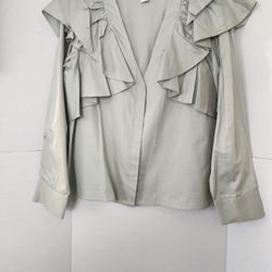 H&M Shirt Blouse Women's Size 10 Light Green Ruffled Shoulder Long Sleeve Top 